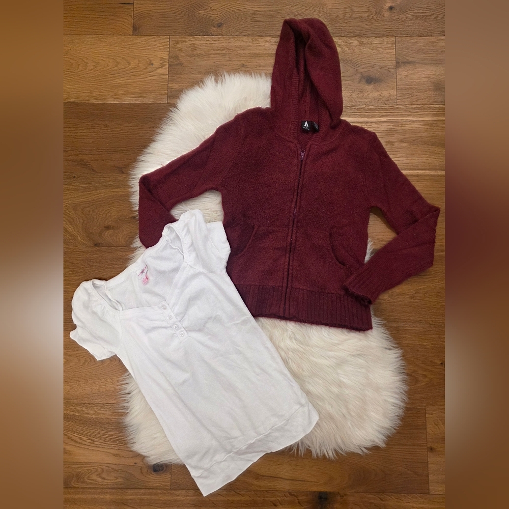 Vintage Maroon Hooded Zip Cardigan with White Short Sleeve Top